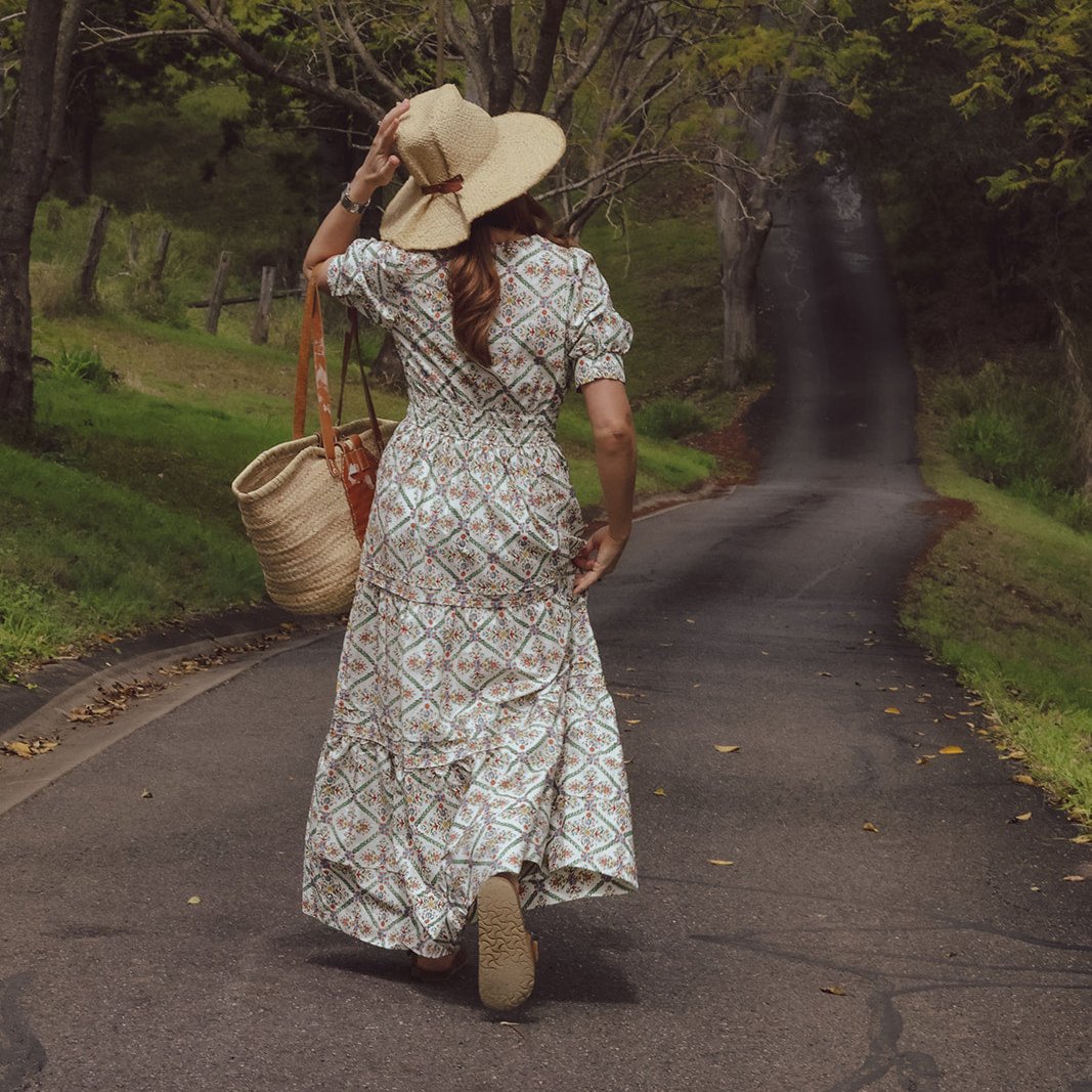 Maxi Dress in Floral Print Vintage style Print. Cuff Sleeve and Shirred waist rear view