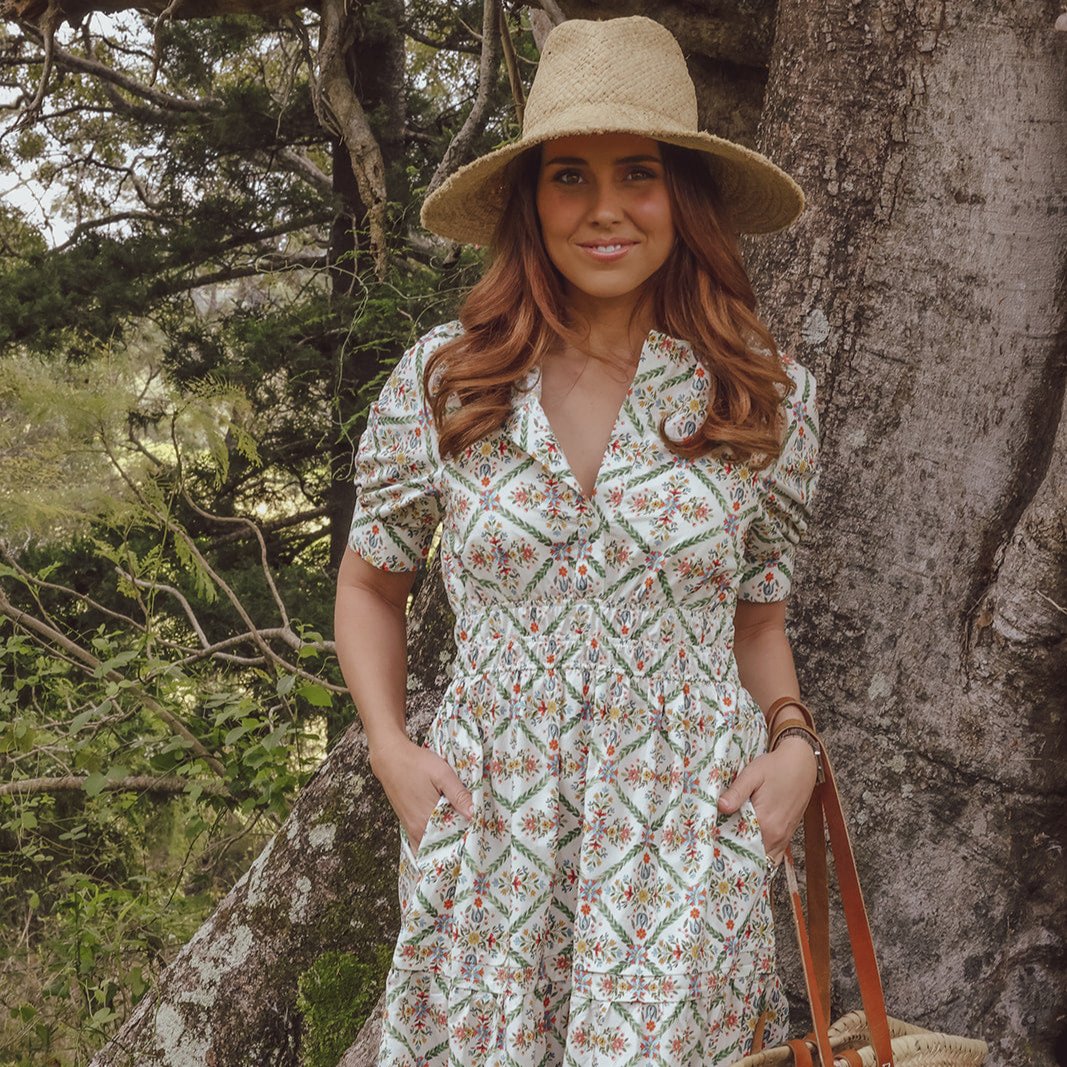 Maxi Dress in Floral Print Vintage style Print. Cuff Sleeve and Shirred waist