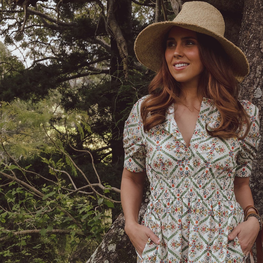 Close up vintage floral print maxi dress