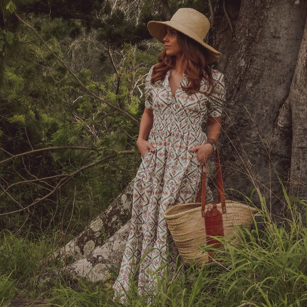 Maxi Dress in Floral Print Vintage style Print. Cuff Sleeve and Shirred waist - straw hat