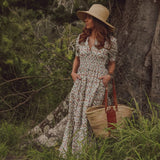 Maxi Dress in Floral Print Vintage style Print. Cuff Sleeve and Shirred waist - straw hat