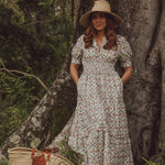Maxi Dress in Floral Print Vintage style Print. Cuff Sleeve and Shirred waist