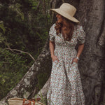Maxi Dress in Floral Print Vintage style Print. Cuff Sleeve and Shirred waist. Maxi Floral Dress with pockets