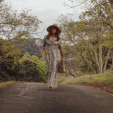 Maxi Dress in Floral Print Vintage style Print. Cuff Sleeve and Shirred waist with tote bag