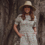 Maxi Dress in Floral Print Vintage style Print. Cuff Sleeve and Shirred waist