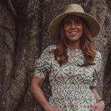 Maxi Dress in Floral Print Vintage style Print. Cuff Sleeve and Shirred waist and cuff sleeves