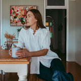 White Linen Frill Collared Short Sleeved Shirt