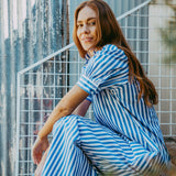 Frill Collar Long Dress with Short Cuff Sleeve Blue Stripe