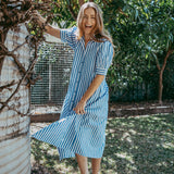 Frill Collar Long Dress with Short Cuff Sleeve Blue Stripe