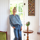Strawberry Thief Liberty fabrics cotton clothing worn with blue cotton chinos and tucked in
