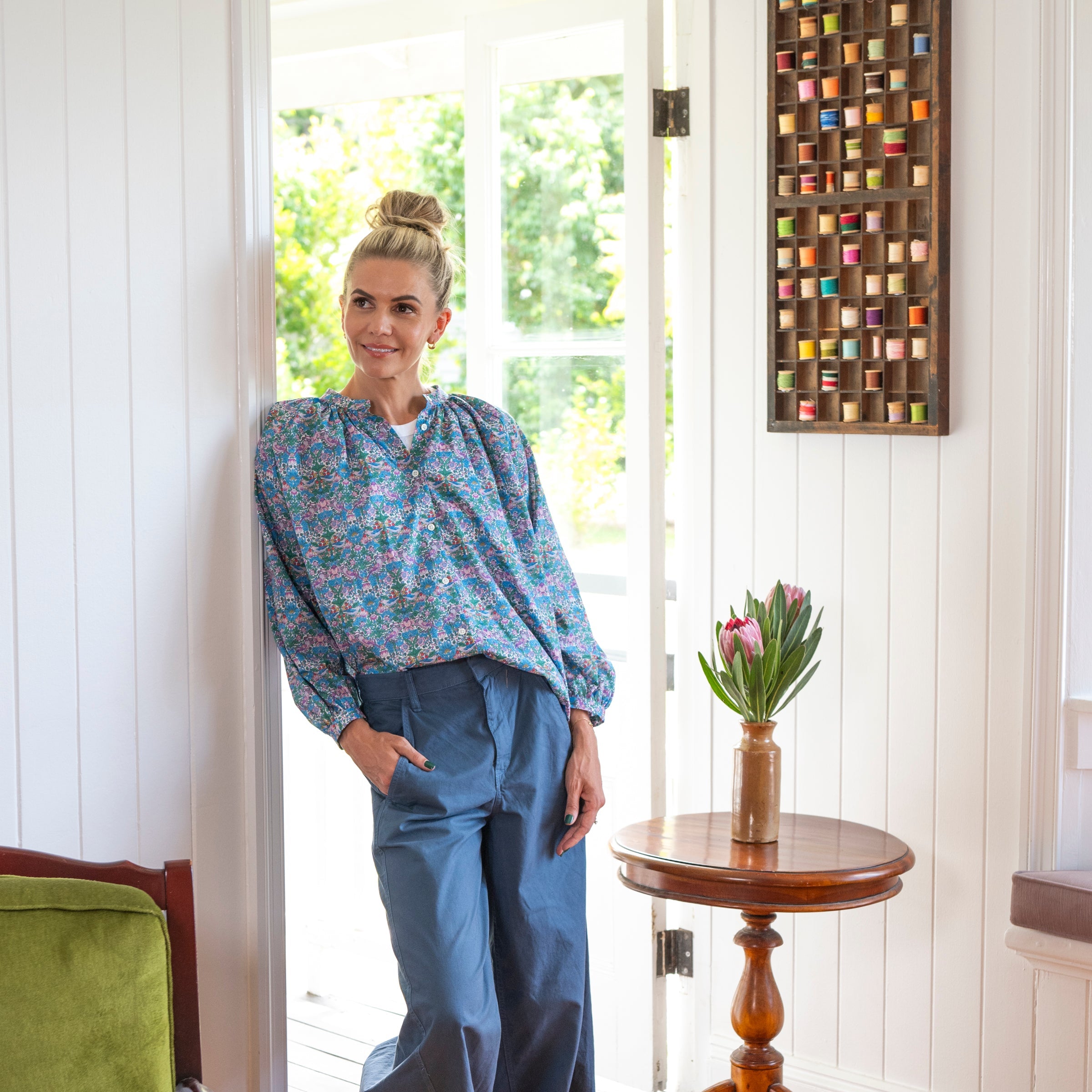 Strawberry Thief Liberty fabrics cotton clothing worn with blue cotton chinos and tucked in