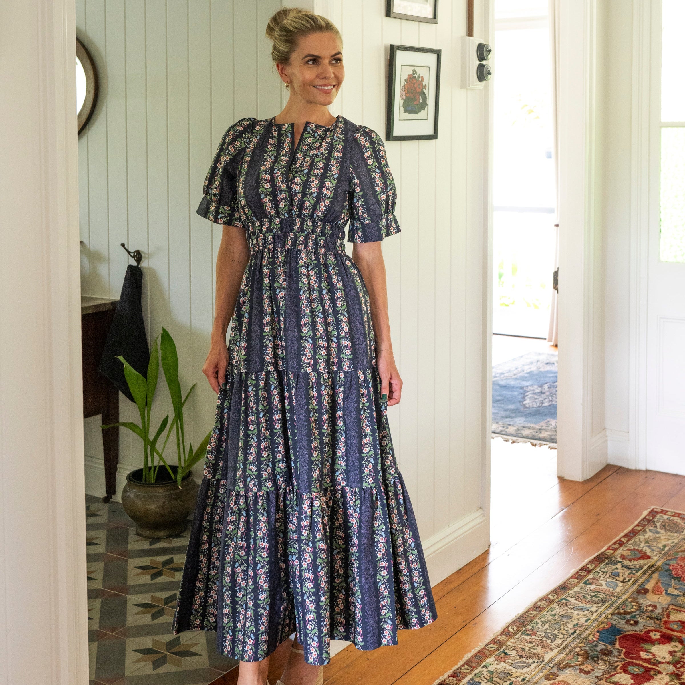 Navy Floral Cotton Maxi dress with cuff sleeves paired with wedges