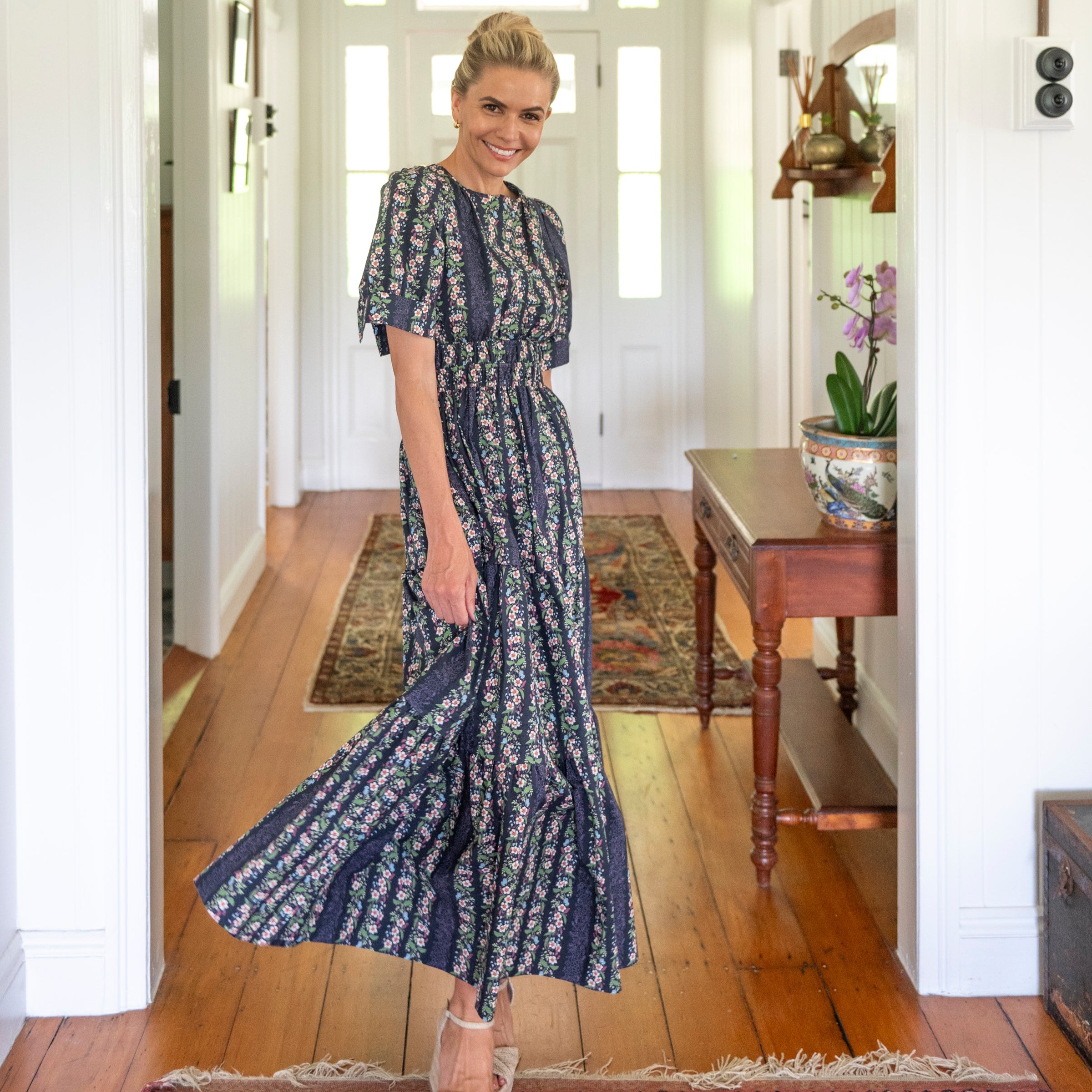 Navy Floral Cotton Maxi dress paired with edges shirred waist and open front