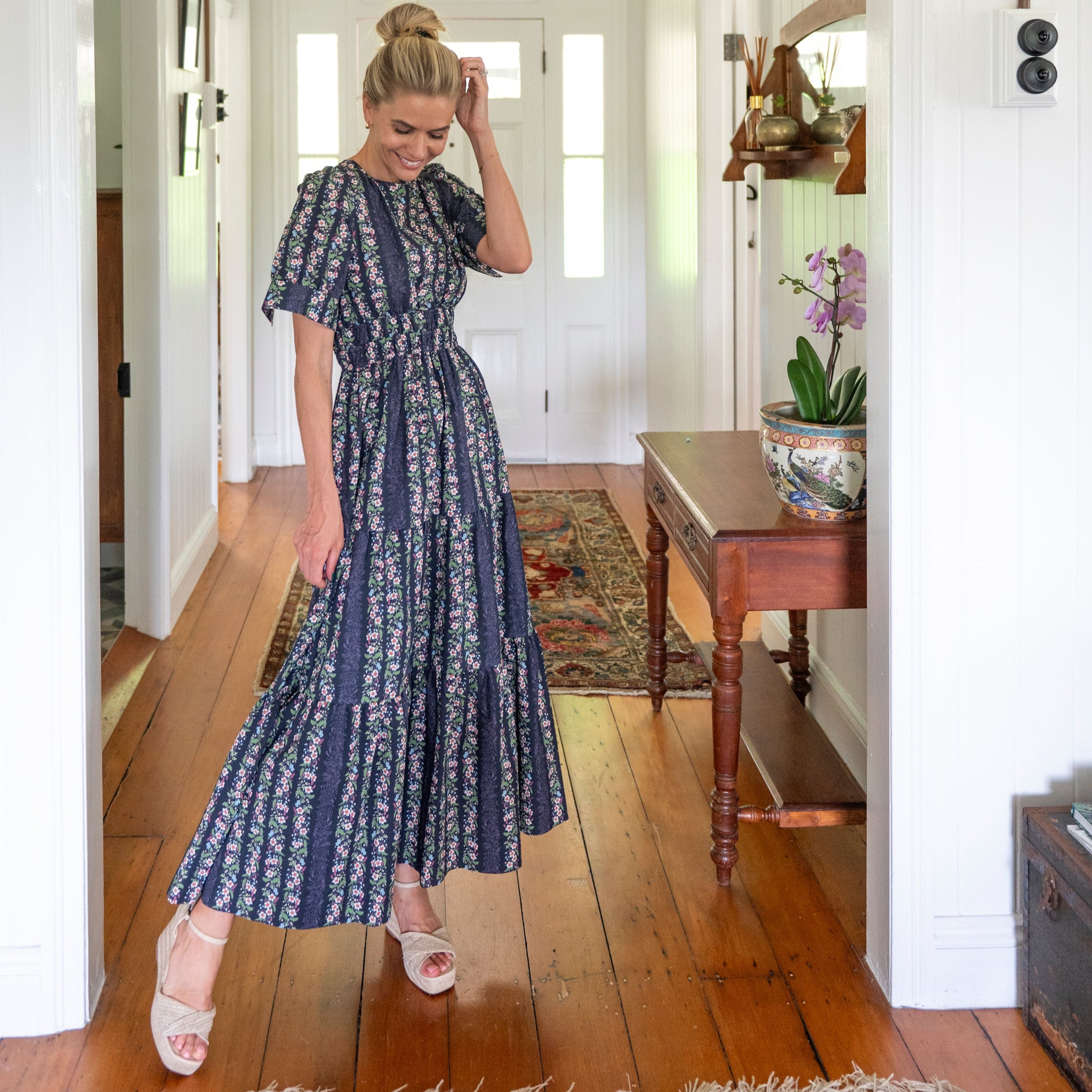 Navy Floral Cotton Maxi dress paired with wedges