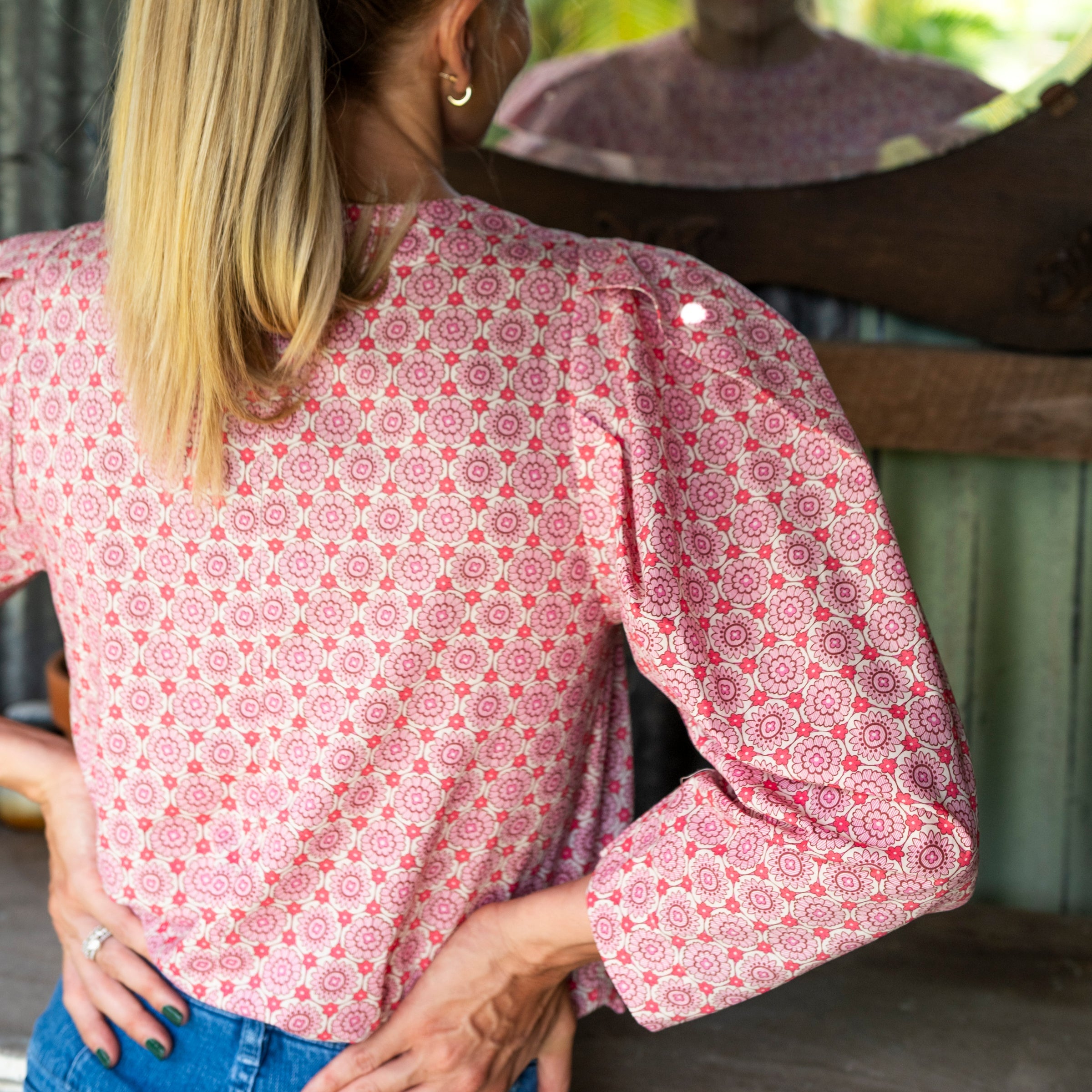 Pretty pink puff sleeve top with 3/4 sleeves and retro floral liberty fabrics cotton