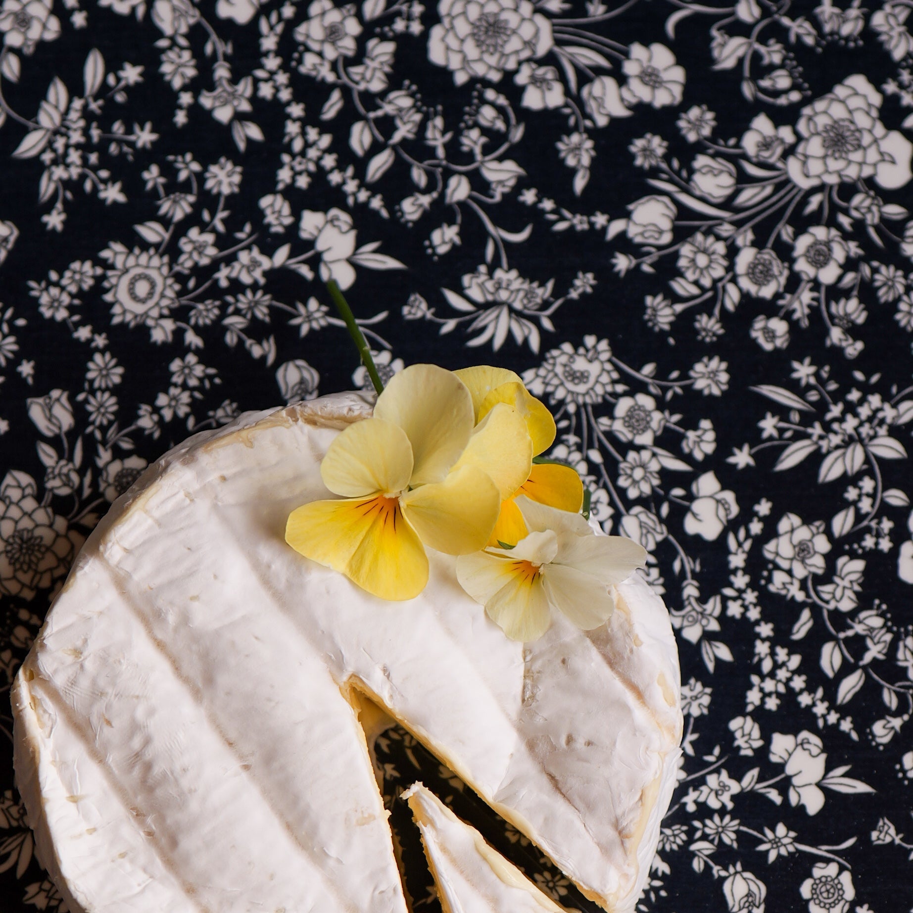 Cheesecake with a slice removed on a floral-patterned surface