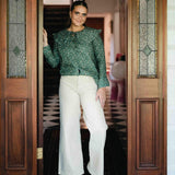 'Bottle Green Floral' large Collared Cotton Blouse