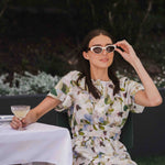Floral Print Summer Maxi Dress with Shirred Waist and white sunglasses