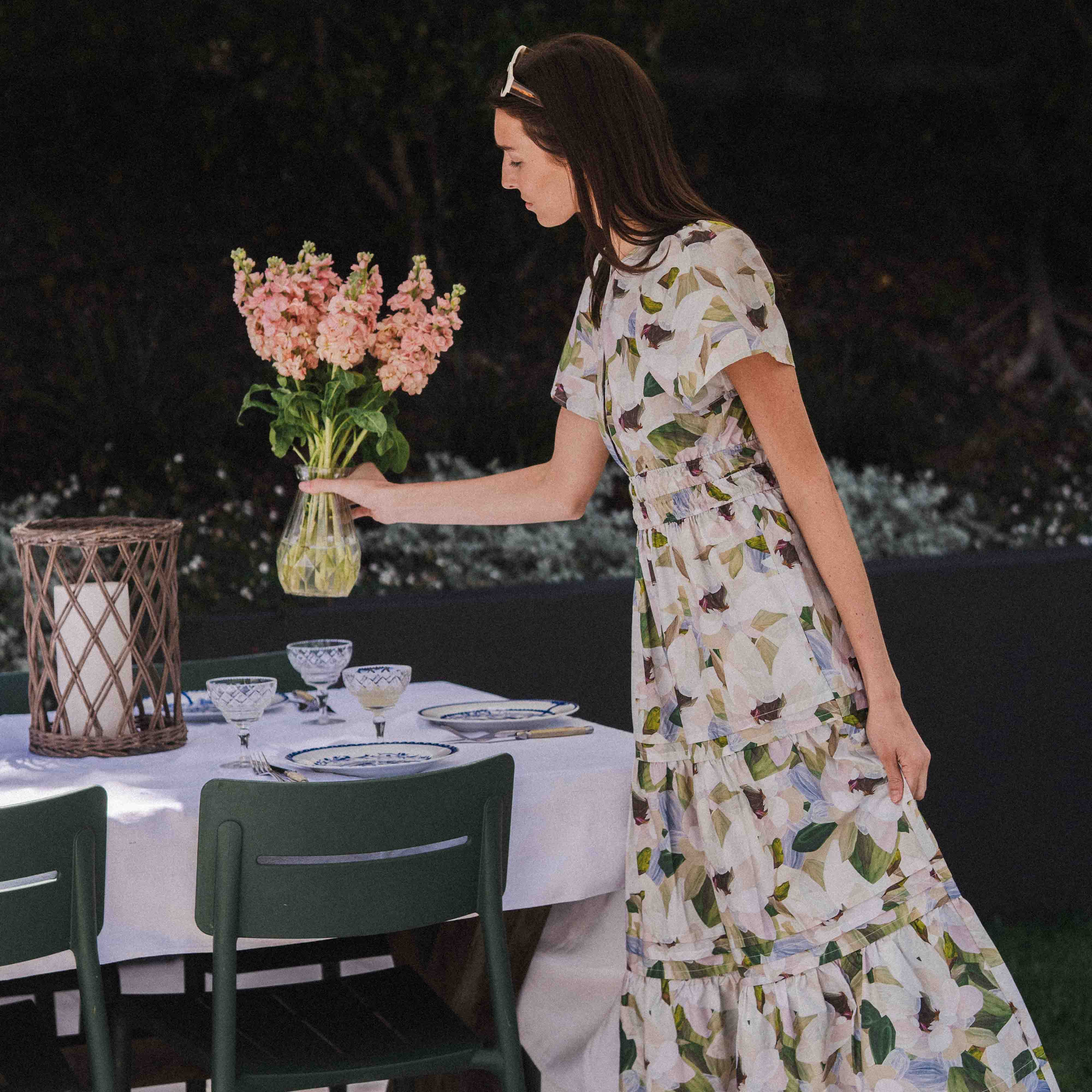 Floral Green Print Cotton Maxi Dress with Pockets