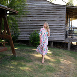 Tiered Maxi Dress in pretty pink Liberty cotton with collar for casual or cocktail party