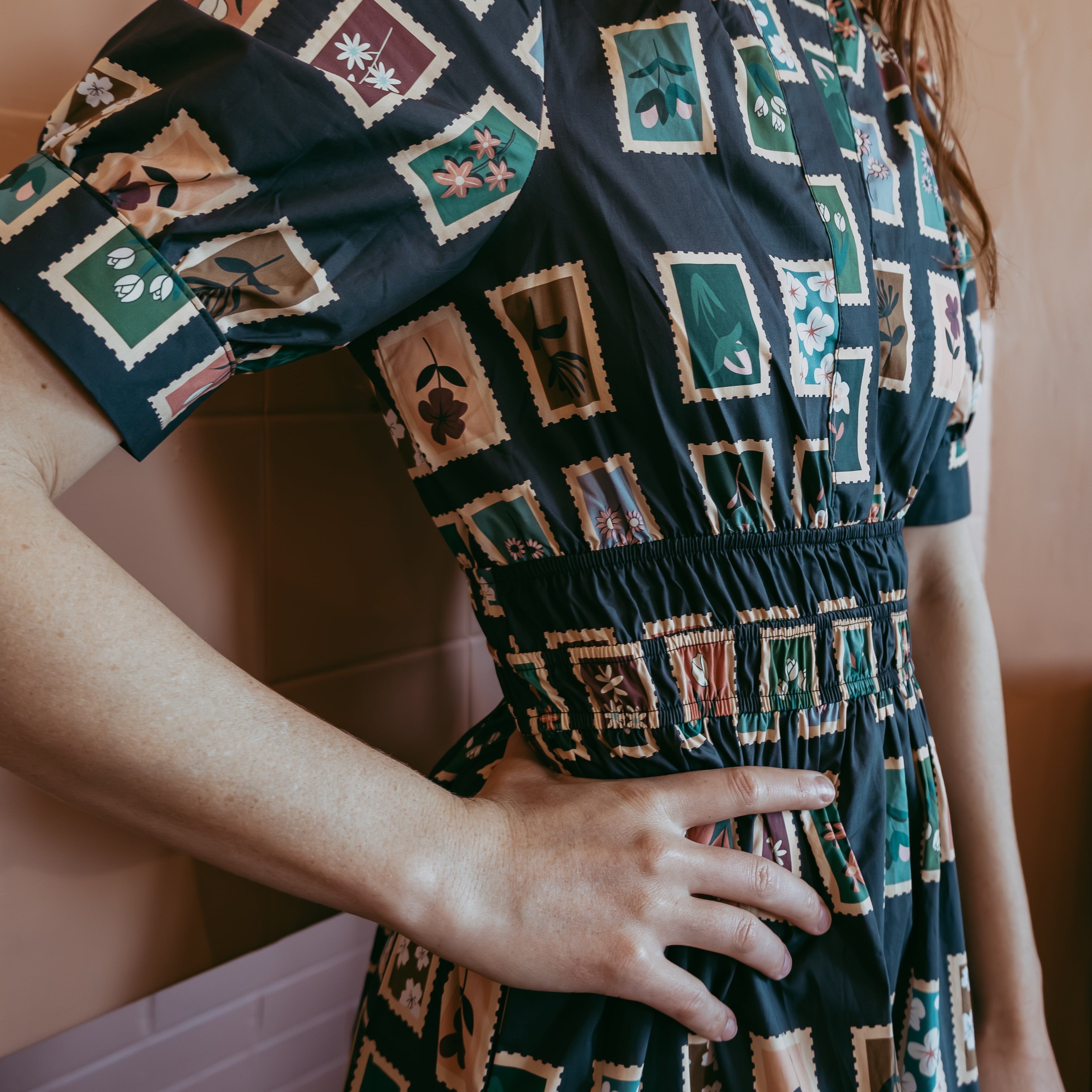 Sicily Dress - navy postcard print cotton maxi dress with pockets