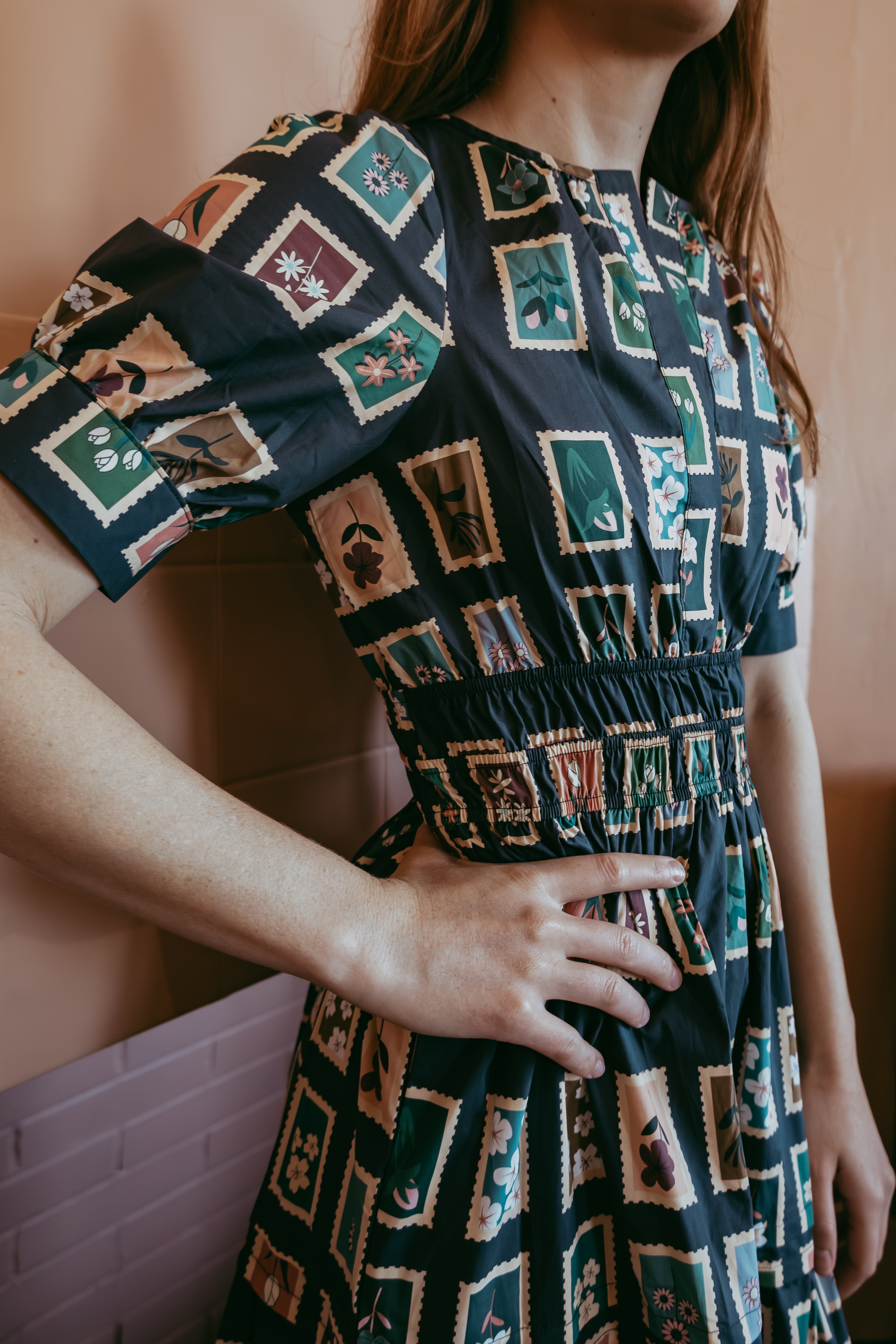 Sicily Dress - navy postcard print cotton maxi dress with pockets