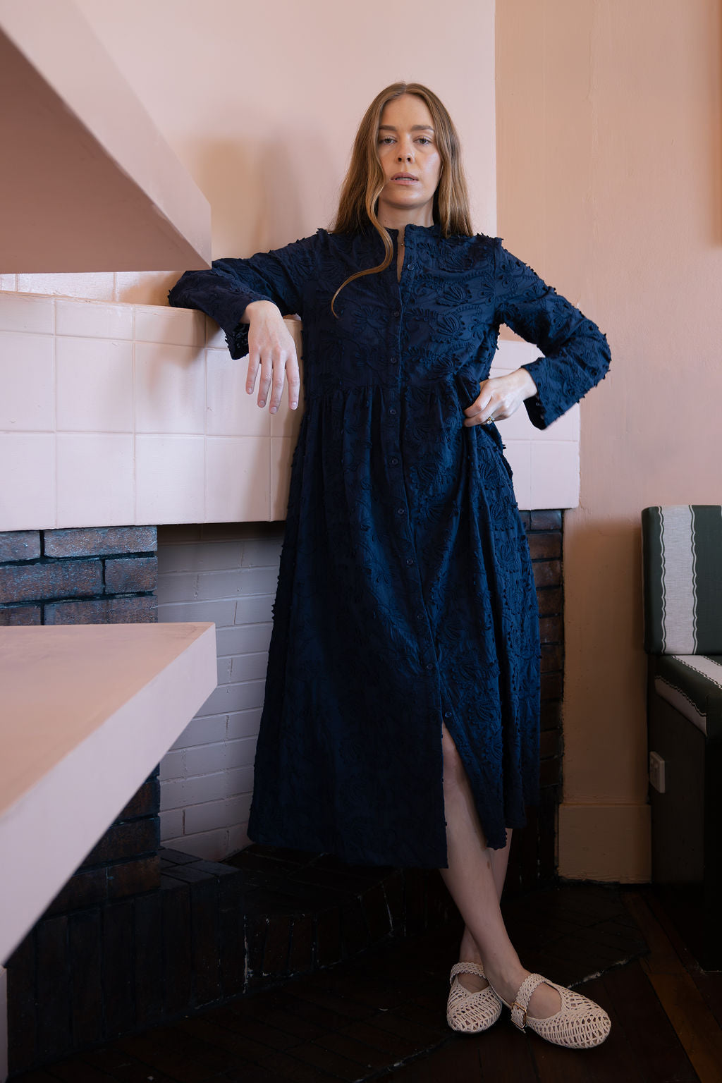 Ellka Dress, a navy embroidered cotton midi dress by Sorority Clothing