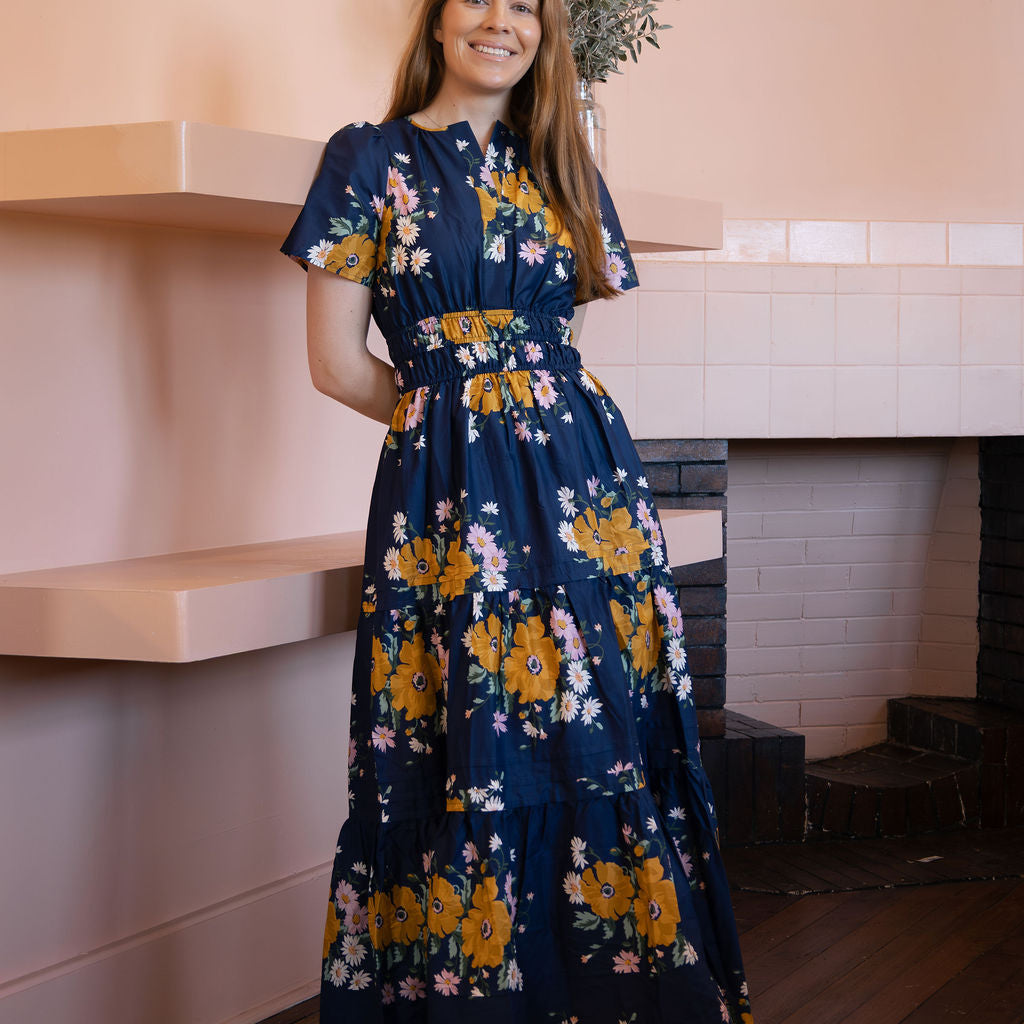Abelia Maxi Dress in Abelia Poppy, a Liberty Fabrics print, by Sorority Clothing