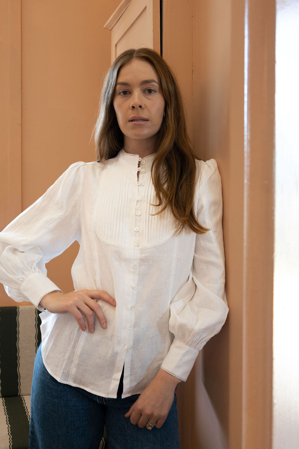 Ada White Linen Shirt with pintucked bib and lace trim, by Sorority Clothing