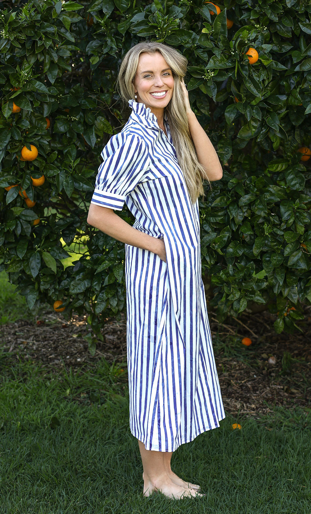 Marina Blue and White Striped Cotton Maxi Dress