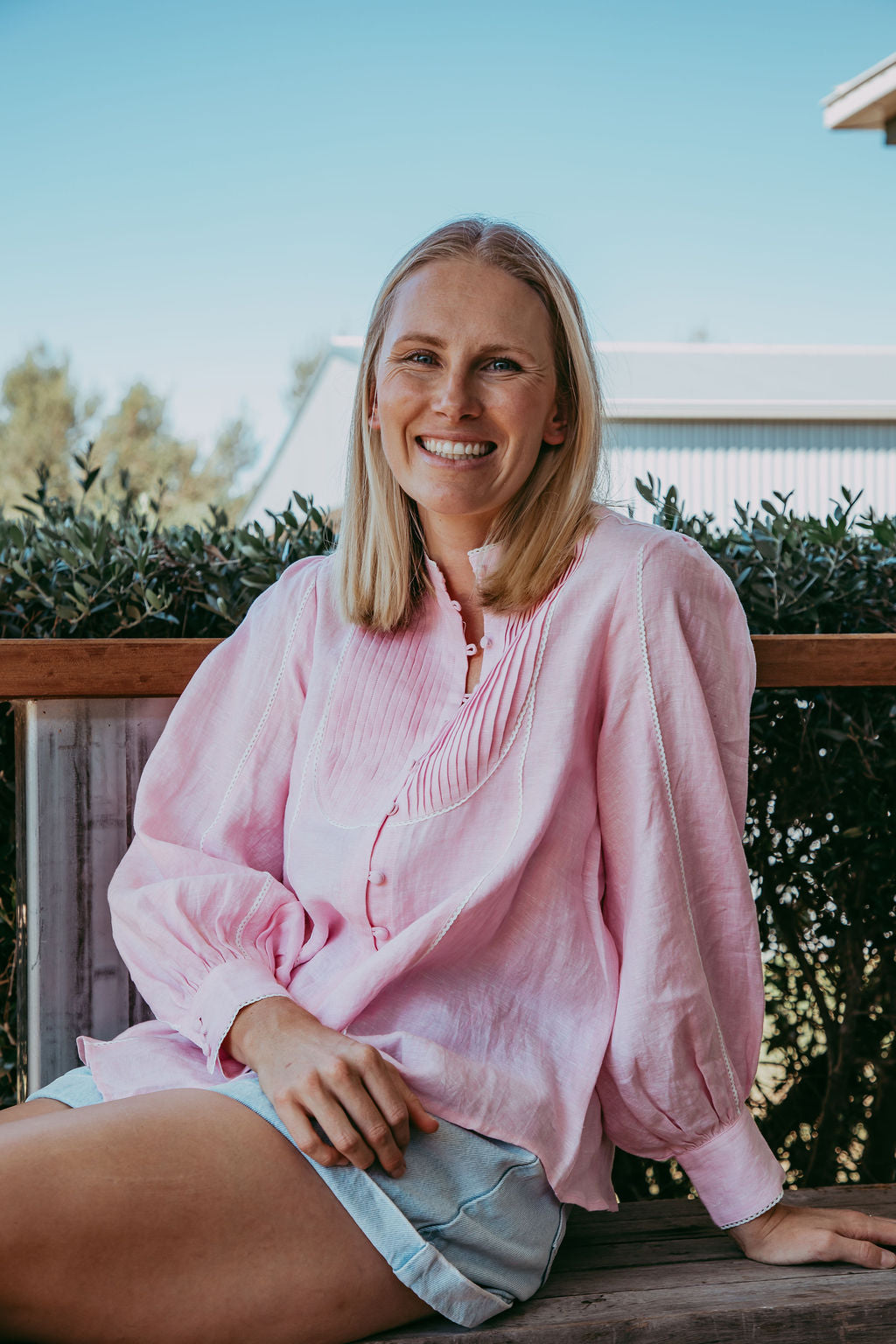 Elsie Pink Linen Blouse styled for everyday wear