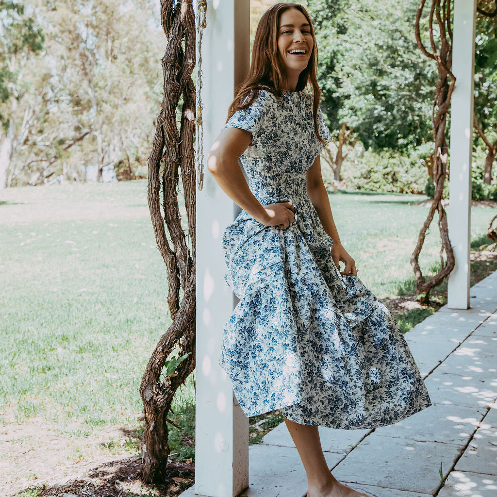 Blue Bloom Cotton Maxi Dress, a capsule wardrobe staple by Sorority Clothing
