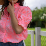 Neon Pink Gingham Frill Collared Blouse