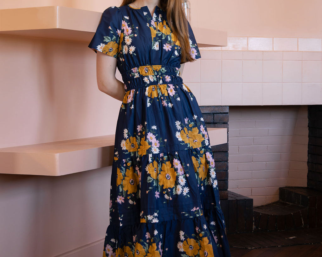 Abelia maxi dress in Liberty floral fabric, full-length with fitted bodice