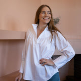 Iris White Cotton Blouse | Stand Collar & Blouson Sleeves | Sorority
