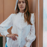 Ada White Linen Shirt | Pleated Bib & Lace Trim | Sorority
