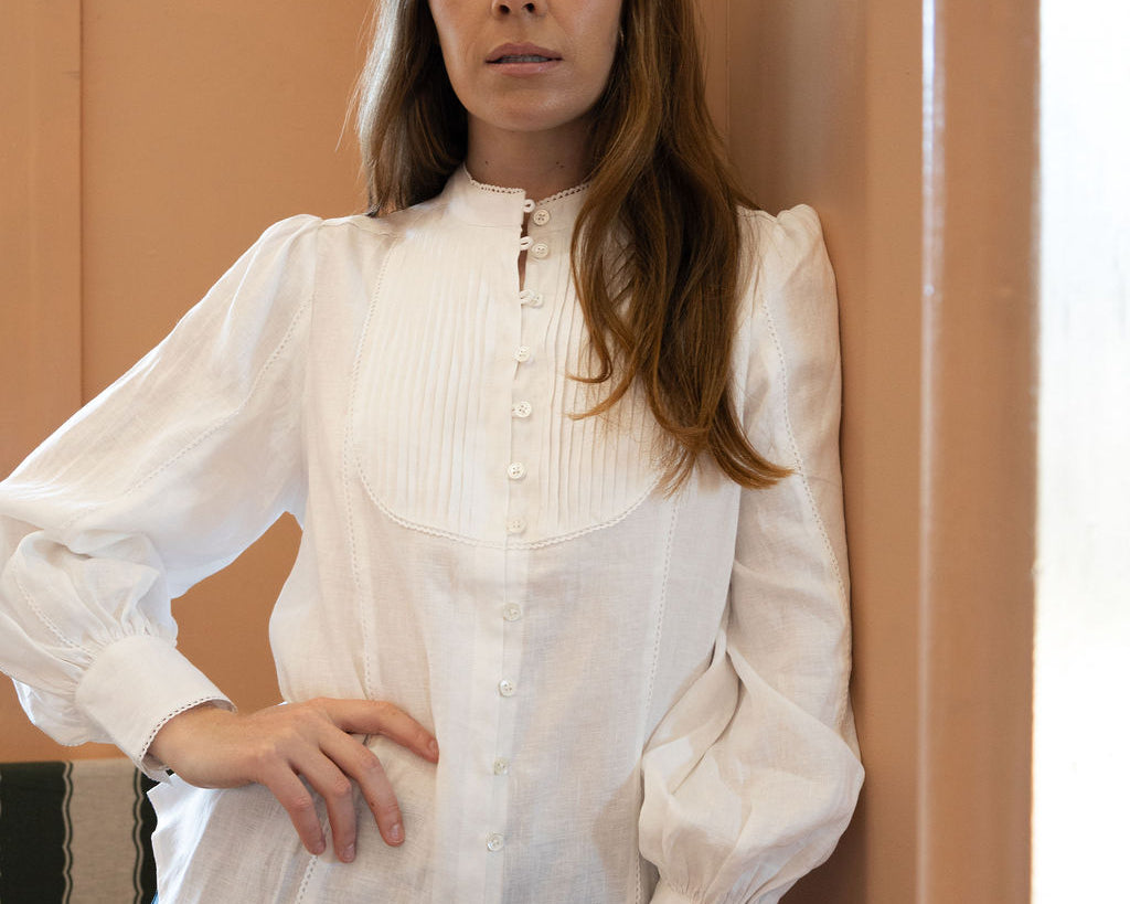 Ada white linen shirt with pleated bib front and lace trim detail
