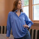 Maddie Blouse - Blue Cotton Stand Collar