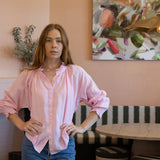 Wendy Pink Linen Frill Shirt | Smocked Cuffs & Ruffle Neck | Sorority