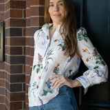 Blusa de algodón con cuello con volantes y lino con estampado floral