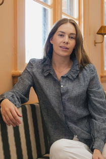 Botany Navy Linen Shirt Frill Collar – front view