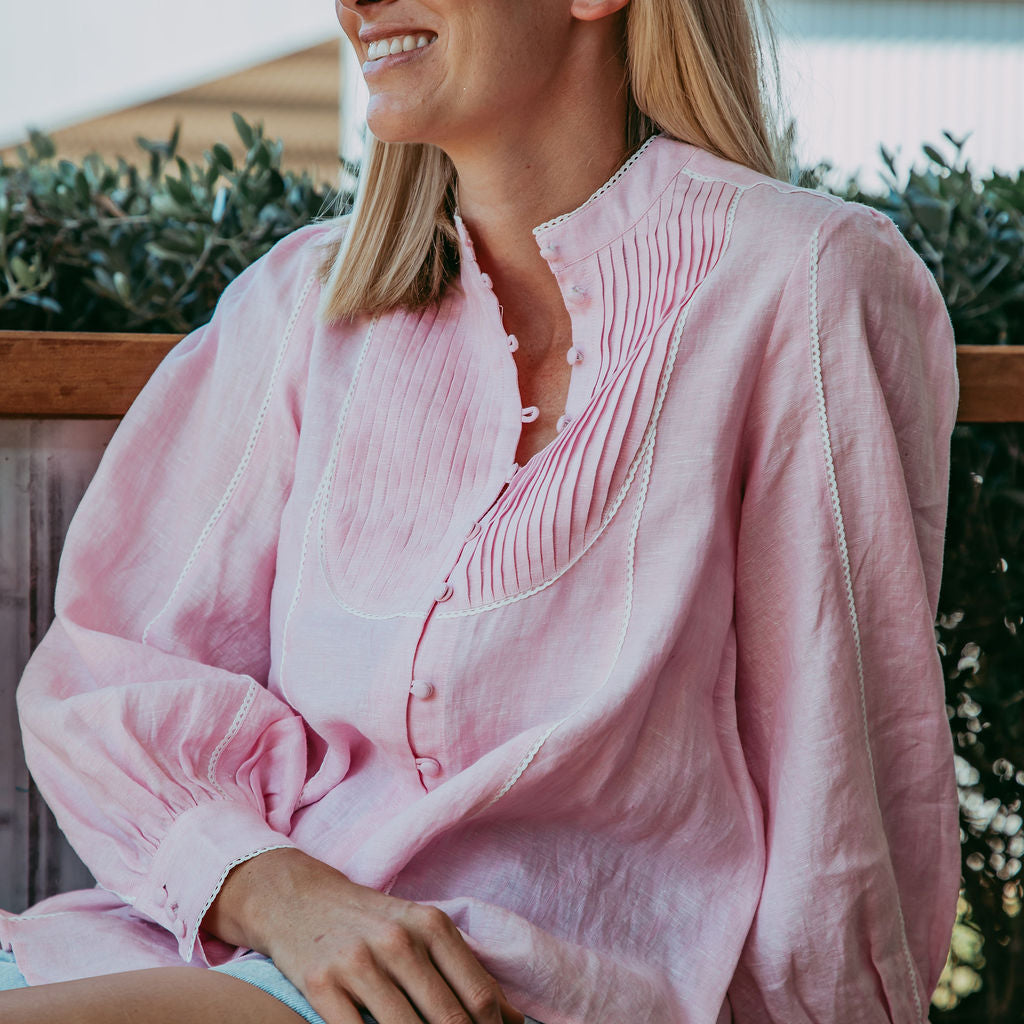 Elsie pink linen blouse with pintuck bib and lace trim