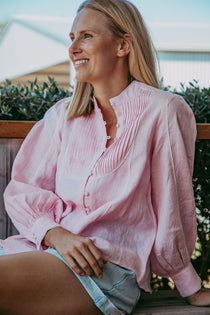 Elsie Pink Linen Blouse, Pintuck Bib & Lace Trim, Sorority Clothing – close-up detail