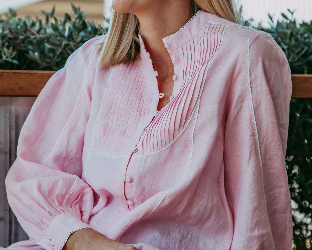 Elsie pink linen blouse with pintuck bib and lace trim