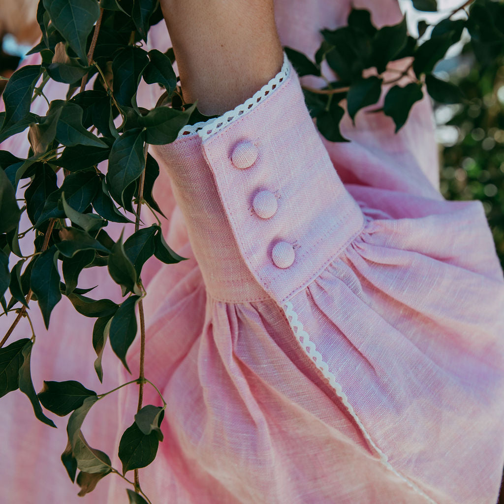 Elsie Pink Linen Blouse, Pintuck Bib & Lace Trim, Sorority Clothing – close-up detail