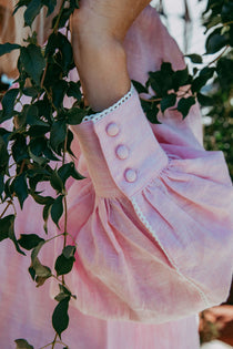 Elsie Pink Linen Blouse, Pintuck Bib & Lace Trim, Sorority Clothing – close-up detail