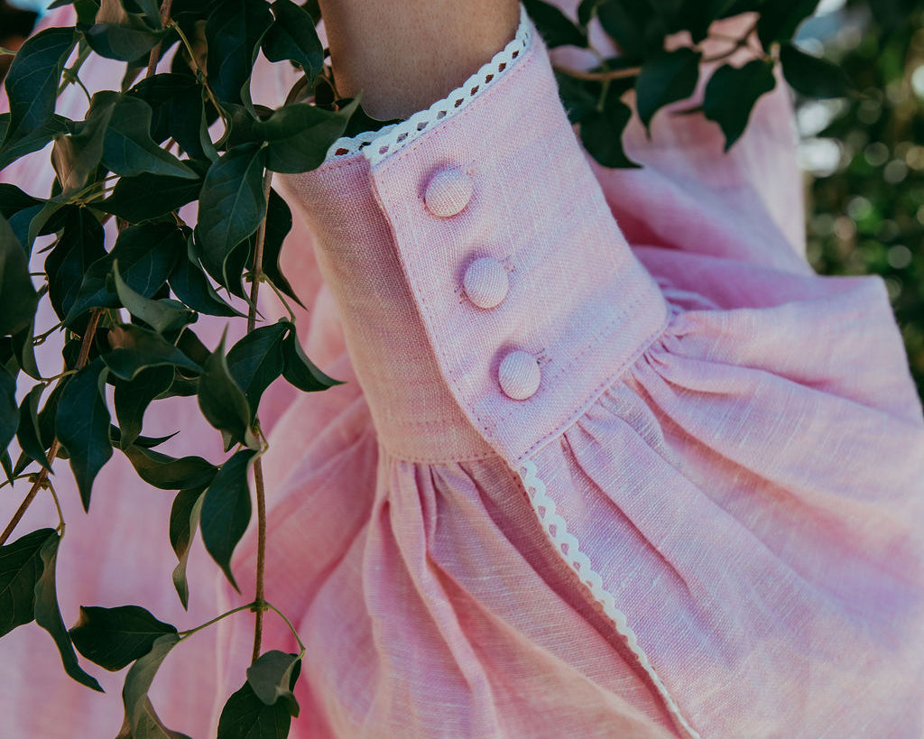 Elsie Pink Linen Blouse, Pintuck Bib & Lace Trim, Sorority Clothing – close-up detail