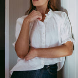 White Linen Frill Collared Short Sleeved Shirt