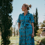 Indigo Dress, Floral Blue Collared Shirt Dress – close-up detail