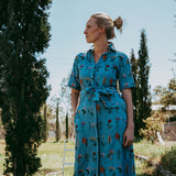 Indigo Dress, Floral Blue Collared Shirt Dress – close-up detail